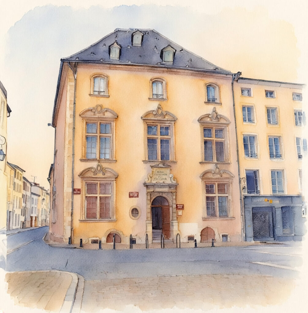 Aquarelle de la façade de la MJC Lillebonne, rue du Cheval Blanc à Nancy