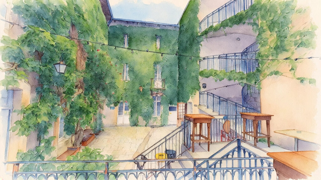 Aquarelle de la cour intérieure de la MJC Lillebonne